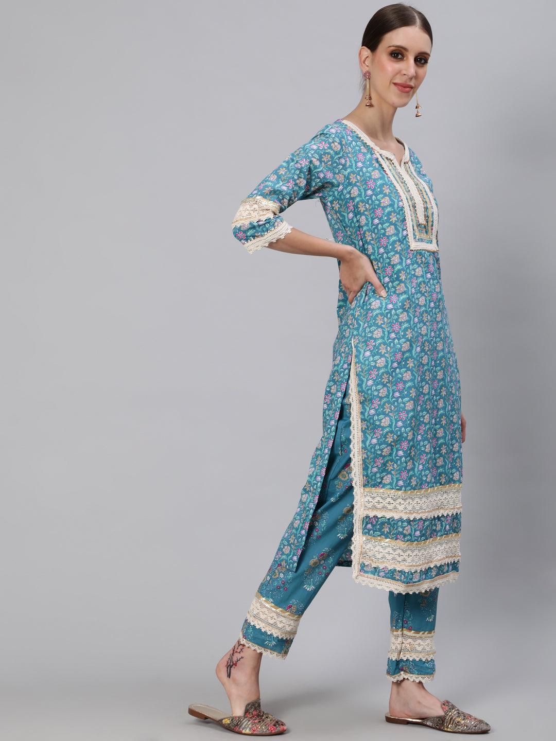 Women's Cotton Teal Blue Embroidered A-Line Kurta Trouser Dupatta Set - Ishin - Indiakreations