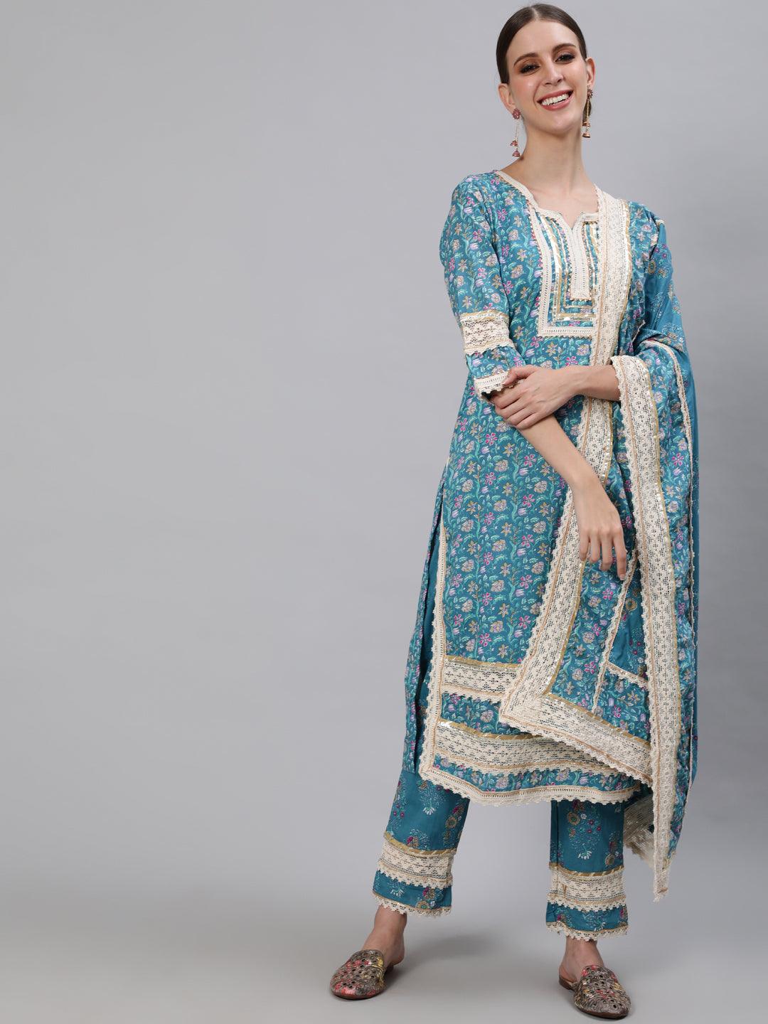 Women's Cotton Teal Blue Embroidered A-Line Kurta Trouser Dupatta Set - Ishin - Indiakreations