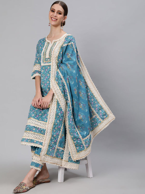 Women's Cotton Teal Blue Embroidered A-Line Kurta Trouser Dupatta Set - Ishin - Indiakreations