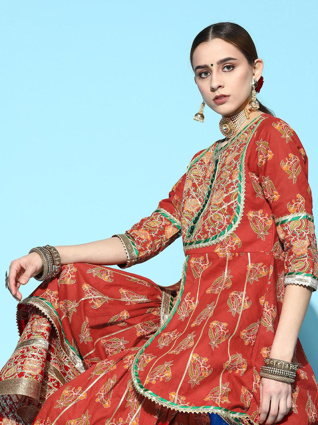 Women's Cotton Red Embroidered A-Line Layered Kurta Sharara Dupatta Set - Ishin - Indiakreations