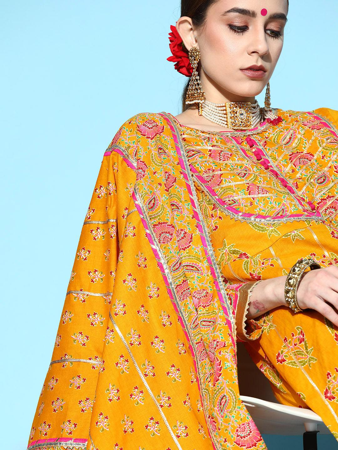 Women's Cotton Mustard Embroidered A-Line Layered Kurta Sharara Dupatta Set - Ishin - Indiakreations