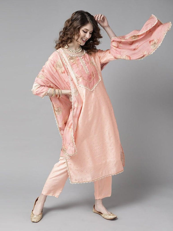 Women Peach Kurta with Trouser & Dupatta by Ishin (3pcs Set) - Indiakreations