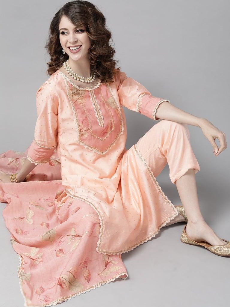 Women Peach Kurta with Trouser & Dupatta by Ishin (3pcs Set) - Indiakreations