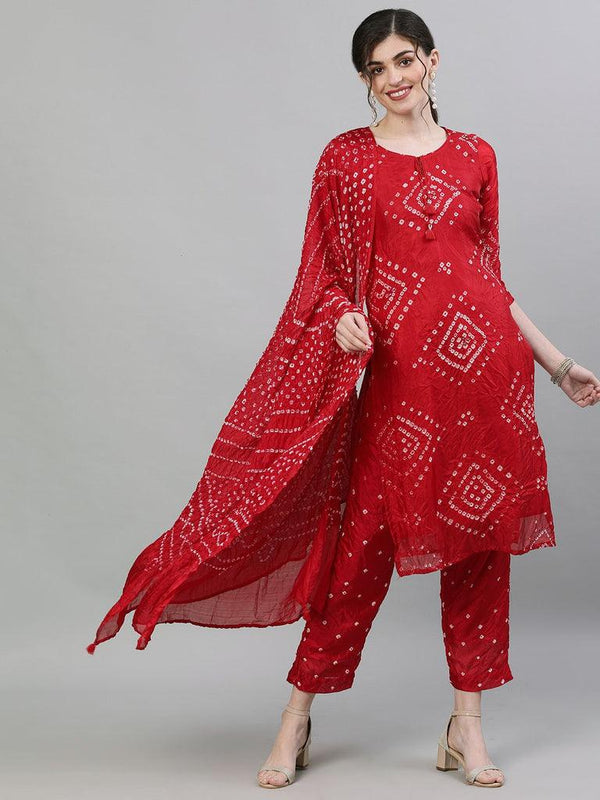 Women Red Silk Kurta with Trouser & Dupatta by Ishin (3pcs Set) - Indiakreations