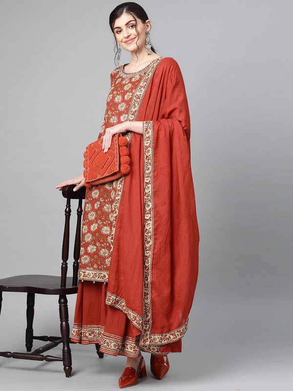 Women's Cotton Brown Kalamkari Printed A-Line Kurta Palazzo Dupatta Set - Ishin - Indiakreations