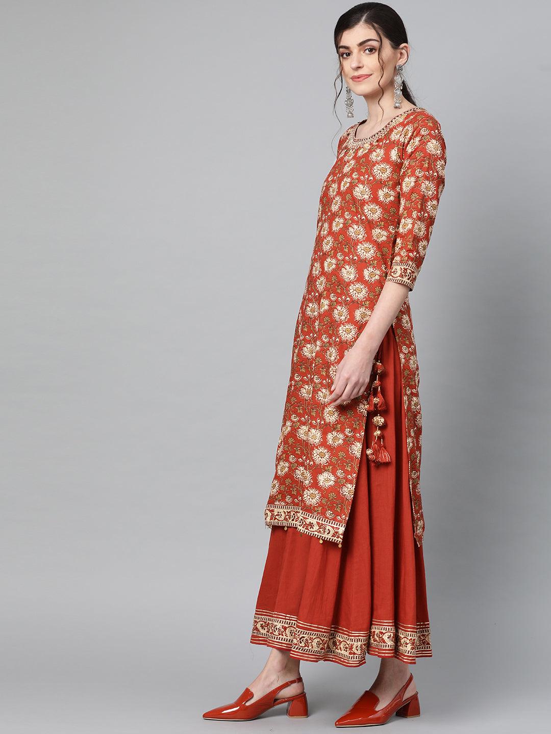 Women's Cotton Brown Kalamkari Printed A-Line Kurta Palazzo Dupatta Set - Ishin - Indiakreations