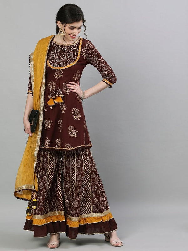 Women's Brown Kurta with Sharara & Dupatta Suit Set by Ishin- (3pcs set)