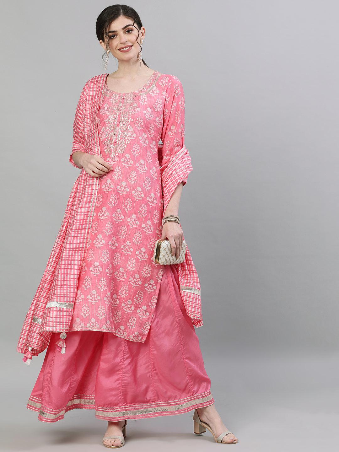 Women's Silk Pink Embellished Straight Kurta Sharara Dupatta Set - Ishin - Indiakreations