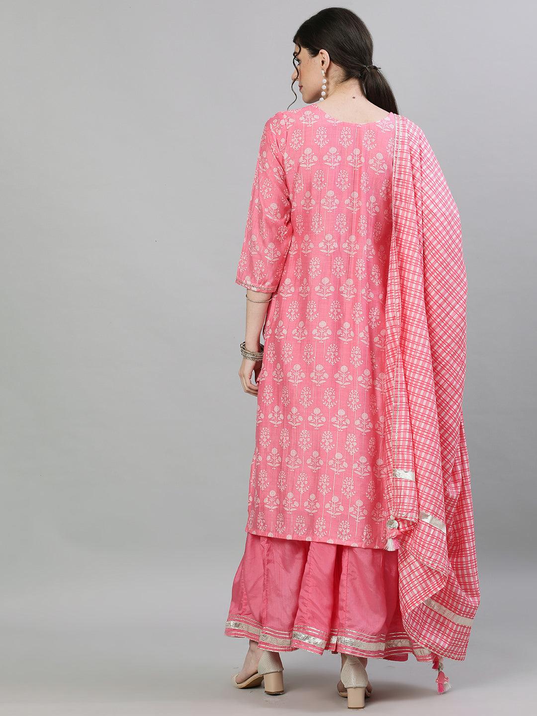 Women's Silk Pink Embellished Straight Kurta Sharara Dupatta Set - Ishin - Indiakreations