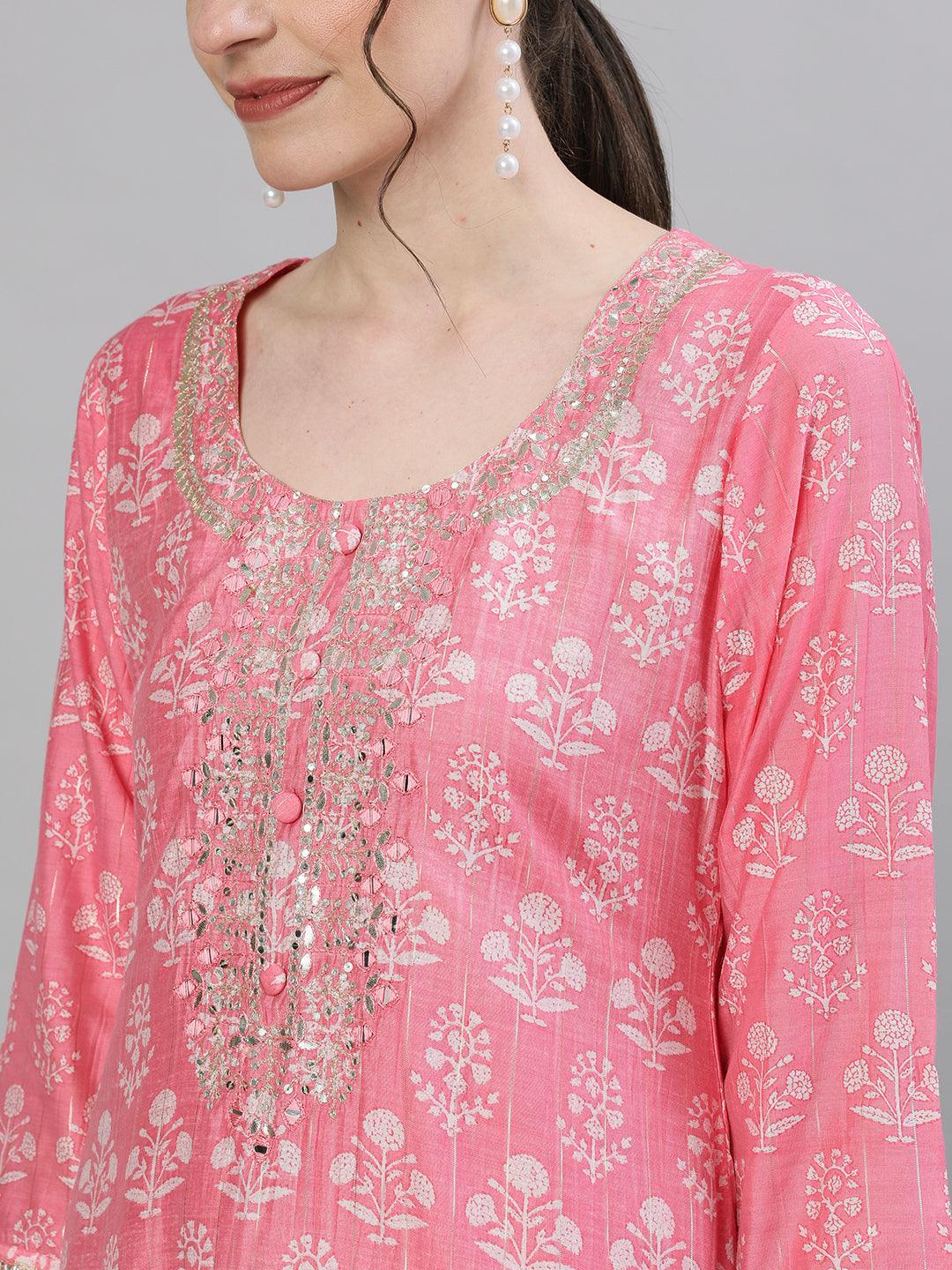 Women's Silk Pink Embellished Straight Kurta Sharara Dupatta Set - Ishin - Indiakreations