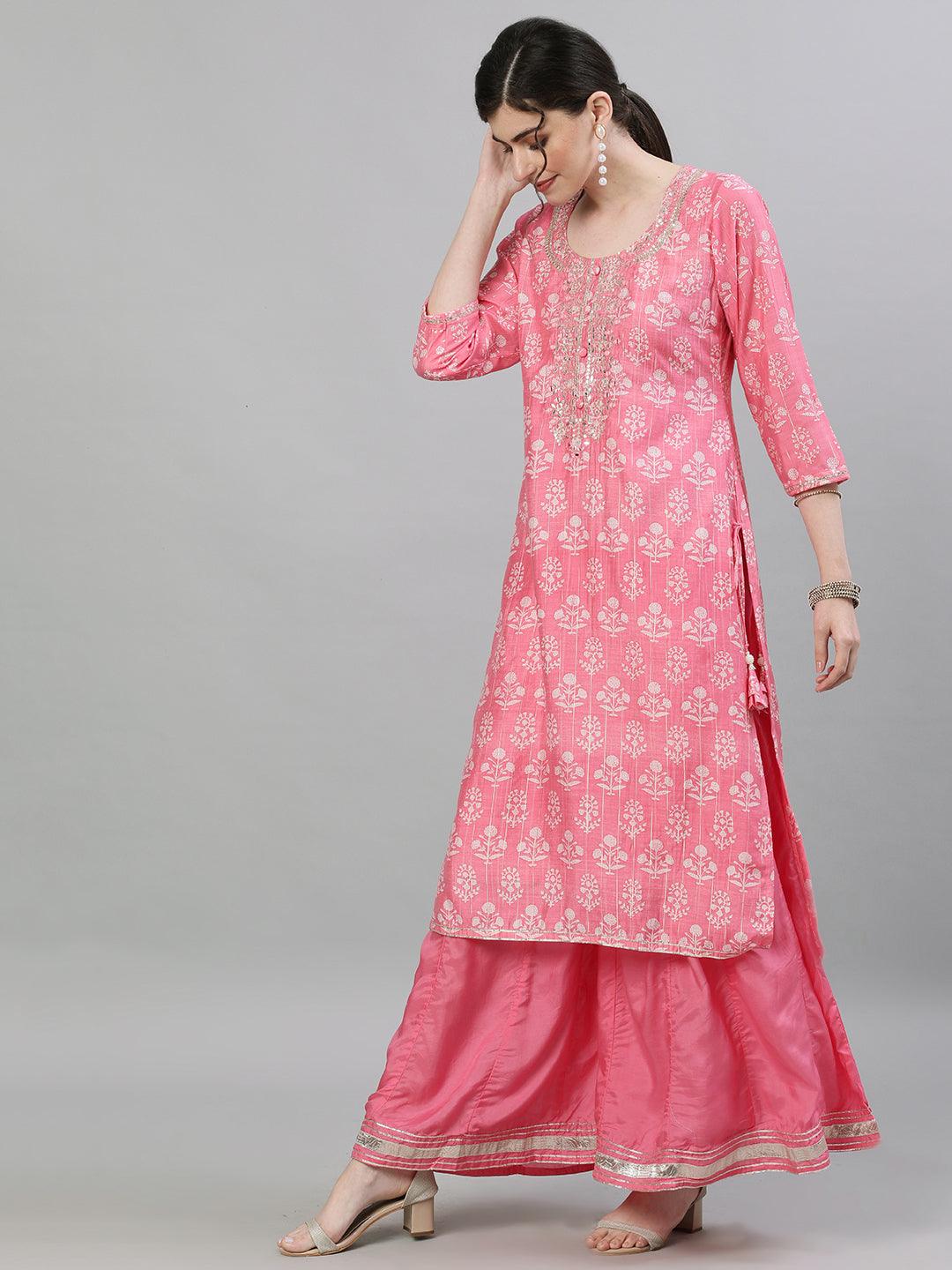 Women's Silk Pink Embellished Straight Kurta Sharara Dupatta Set - Ishin - Indiakreations