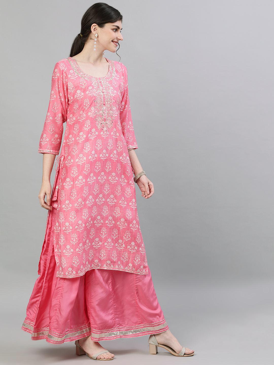 Women's Silk Pink Embellished Straight Kurta Sharara Dupatta Set - Ishin - Indiakreations