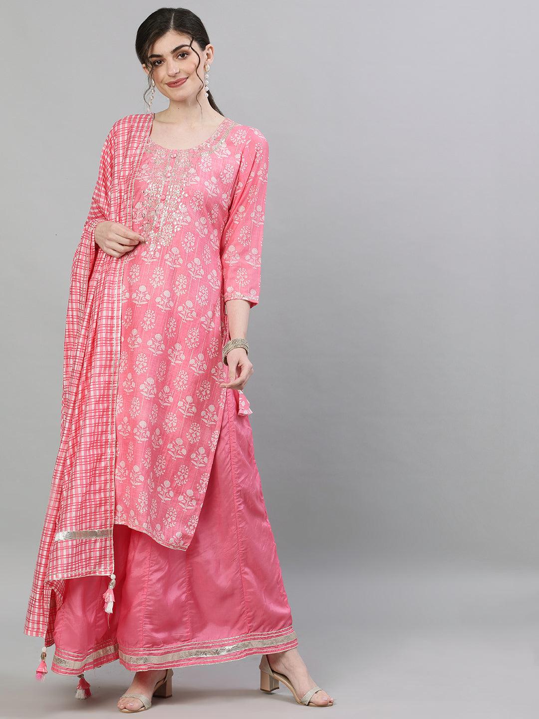 Women's Silk Pink Embellished Straight Kurta Sharara Dupatta Set - Ishin - Indiakreations