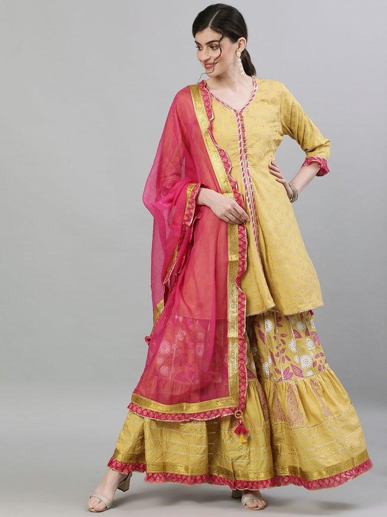 Women's Silk Mustard Embellished Peplum Kurta Sharara Dupatta Set - Ishin - Indiakreations