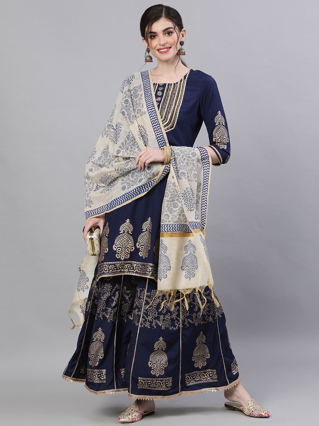 Women's Silk Navy Blue Embellished Straight Kurta Sharara Dupatta Set - Ishin