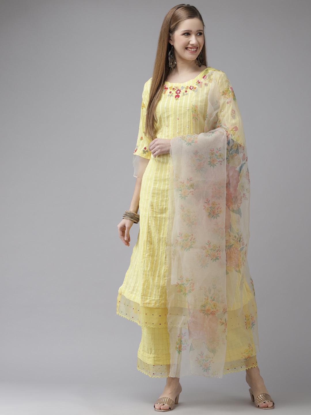 Women's Cotton Blend Yellow Embroidered A-Line Kurta Trouser Dupatta Set - Ishin - Indiakreations