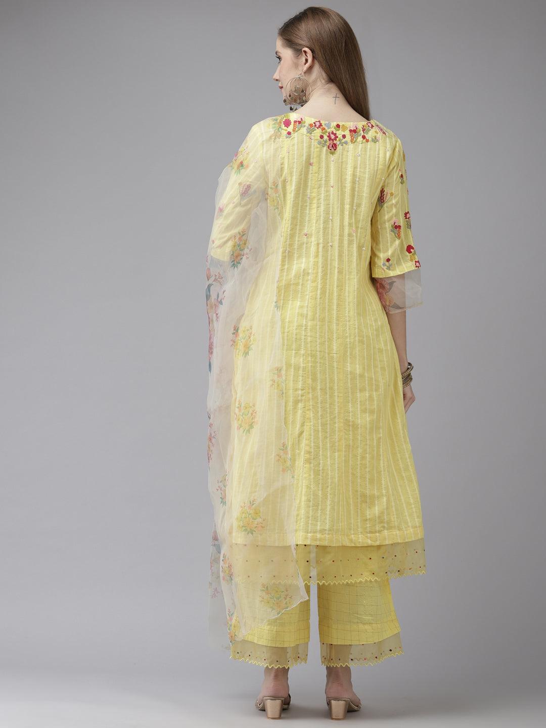 Women's Cotton Blend Yellow Embroidered A-Line Kurta Trouser Dupatta Set - Ishin - Indiakreations