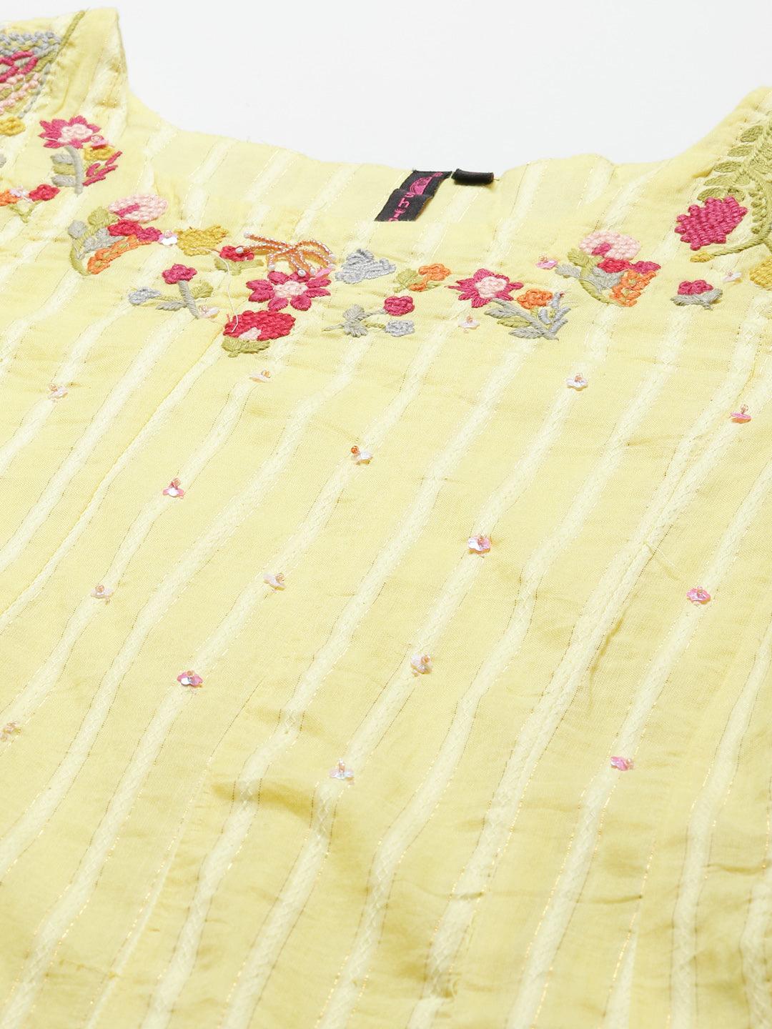 Women's Cotton Blend Yellow Embroidered A-Line Kurta Trouser Dupatta Set - Ishin - Indiakreations