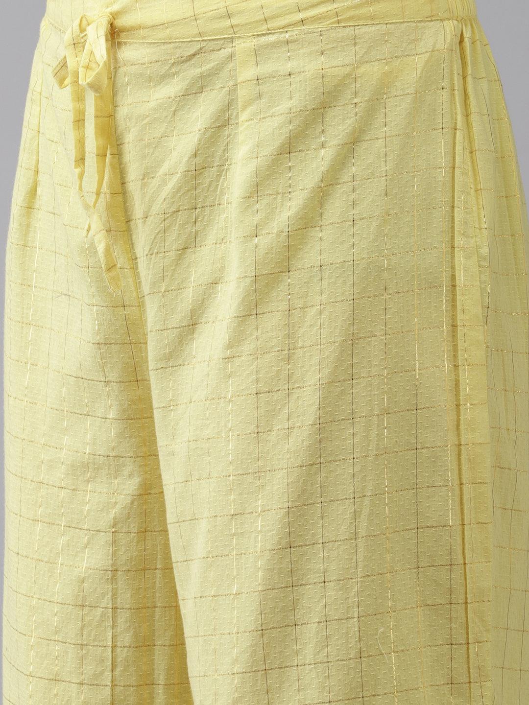 Women's Cotton Blend Yellow Embroidered A-Line Kurta Trouser Dupatta Set - Ishin - Indiakreations