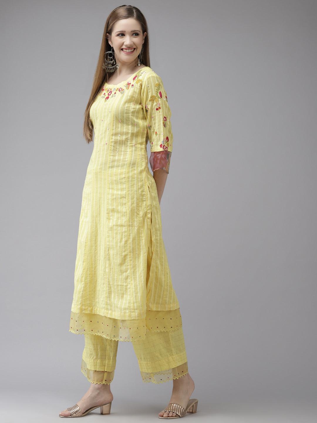 Women's Cotton Blend Yellow Embroidered A-Line Kurta Trouser Dupatta Set - Ishin - Indiakreations