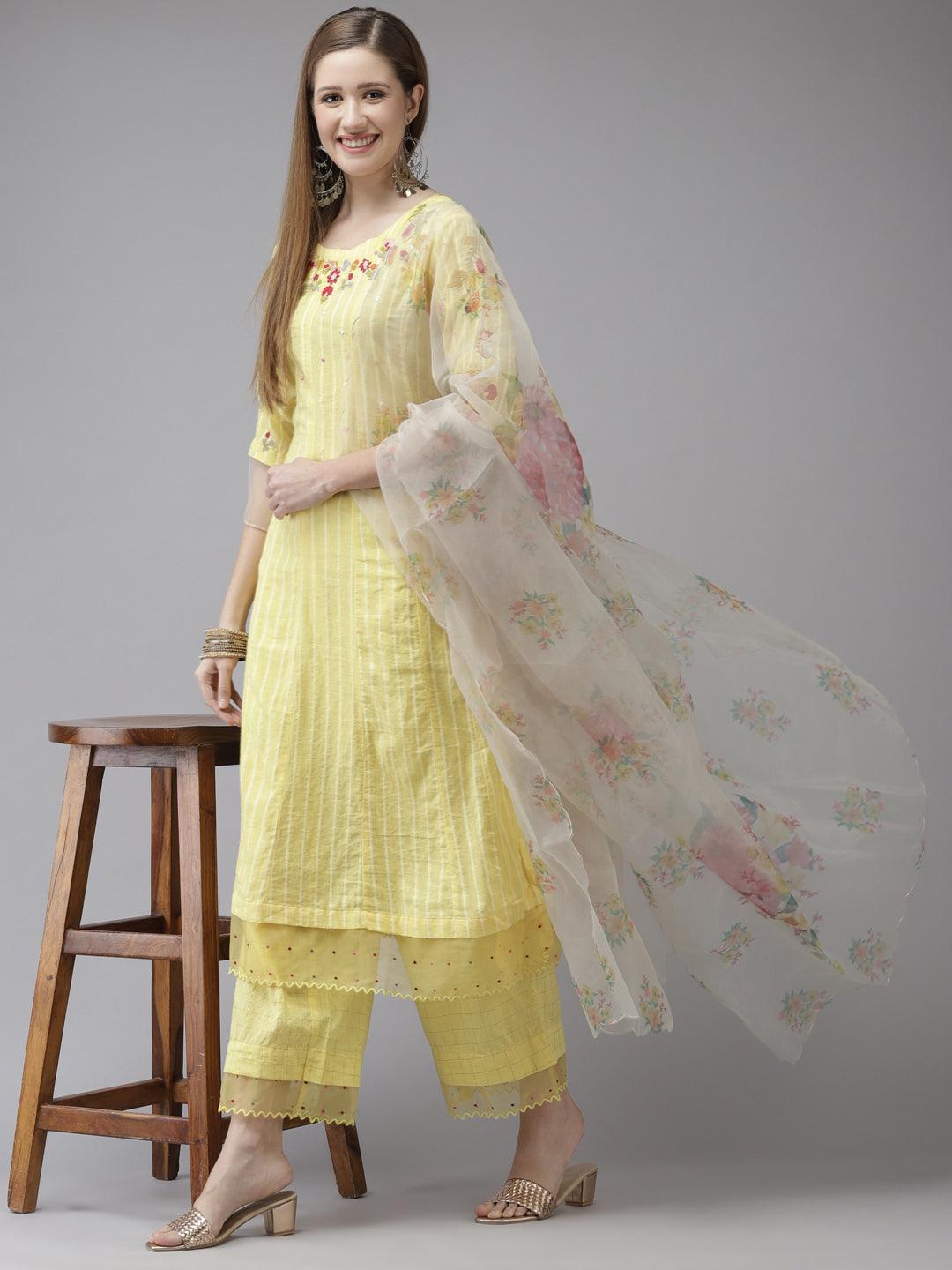 Women's Cotton Blend Yellow Embroidered A-Line Kurta Trouser Dupatta Set - Ishin - Indiakreations