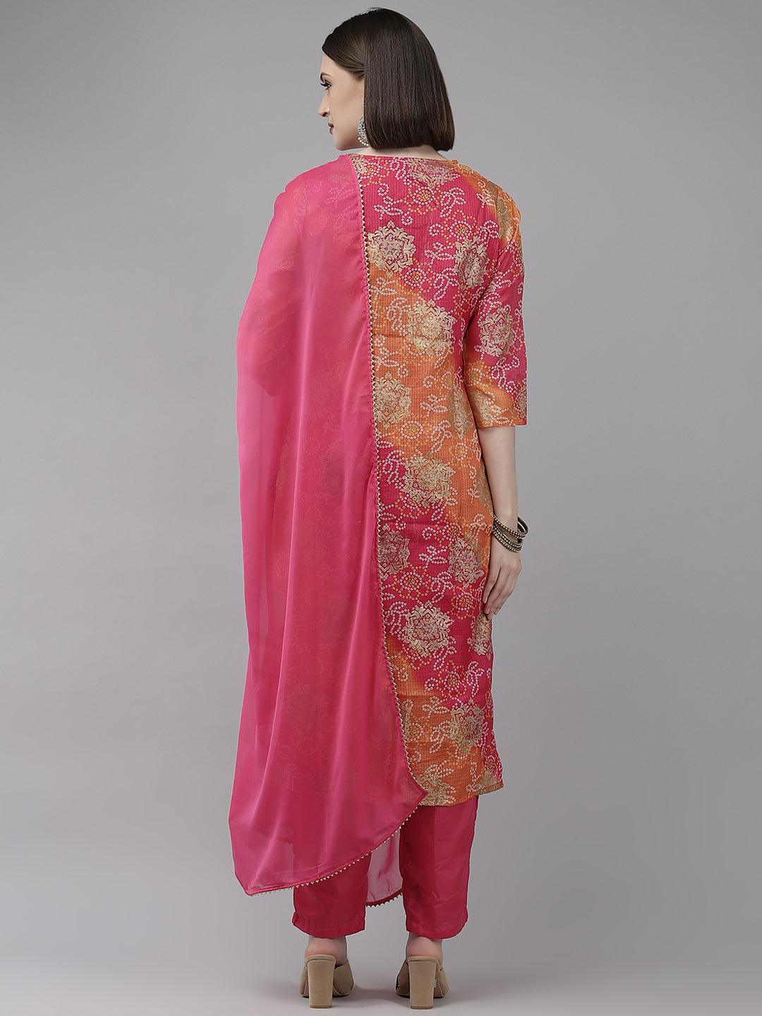 Women's Multicolored Bandhani A-Line Kurta With Trouser & Dupatta - Ishin - Indiakreations