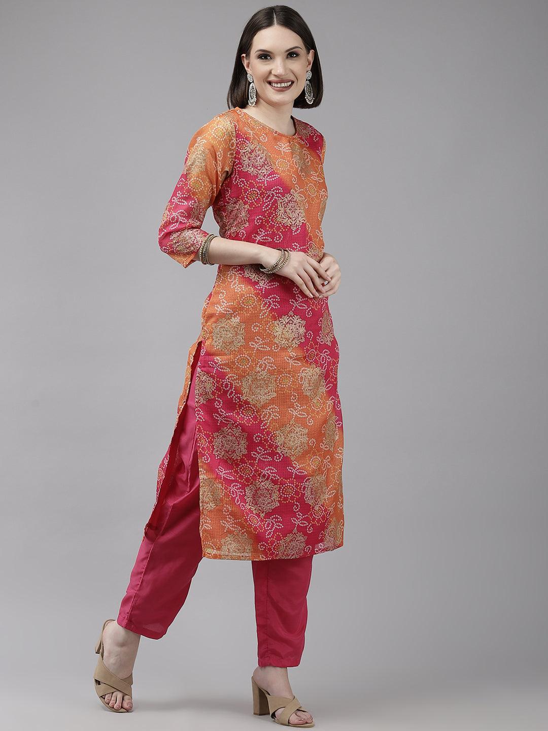 Women's Multicolored Bandhani A-Line Kurta With Trouser & Dupatta - Ishin - Indiakreations