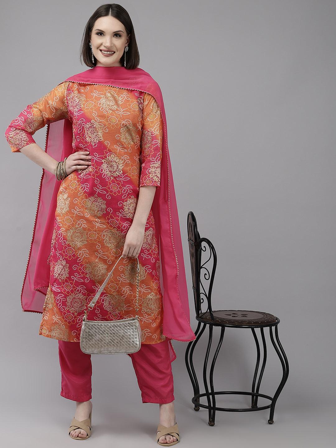 Women's Multicolored Bandhani A-Line Kurta With Trouser & Dupatta - Ishin - Indiakreations