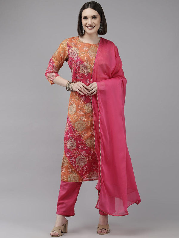 Women's Multicolored Bandhani A-Line Kurta With Trouser & Dupatta - Ishin - Indiakreations