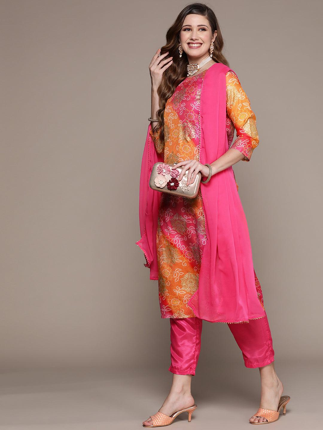 Women's Multicolored Bandhani A-Line Kurta With Trouser & Dupatta - Ishin - Indiakreations