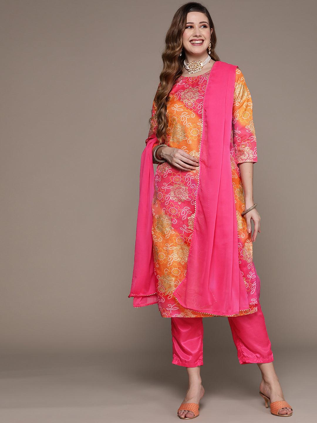 Women's Multicolored Bandhani A-Line Kurta With Trouser & Dupatta - Ishin - Indiakreations