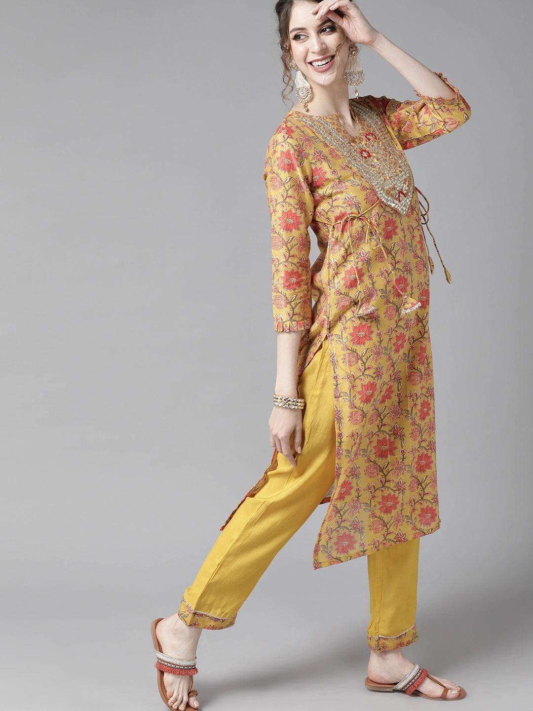 Women's Silk Mustard Lurex Embroidered A-Line Kurta Palazzo Dupatta Set - Ishin - Indiakreations