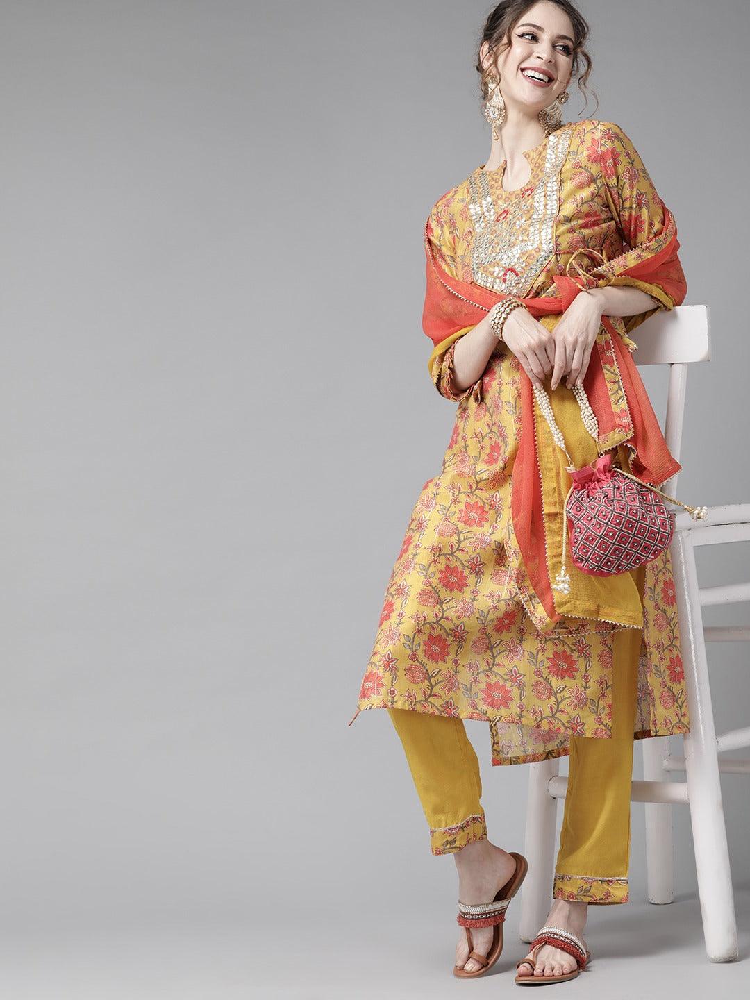 Women's Silk Mustard Lurex Embroidered A-Line Kurta Palazzo Dupatta Set - Ishin - Indiakreations