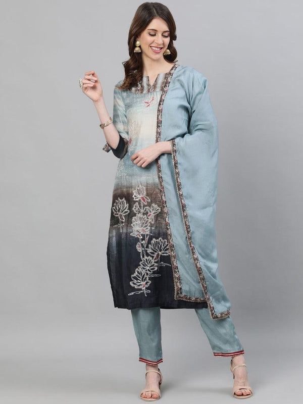 Women's Silk Grey Embroidered Straight Kurta Trouser Dupatta Set - Ishin - Indiakreations