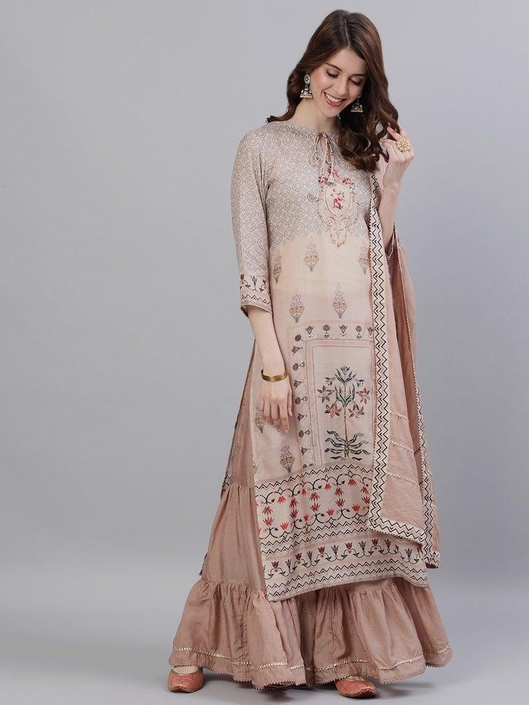 Women's Silk Peach Zari Embroidered A-Line Kurta Sharara Dupatta Set - Ishin - Indiakreations