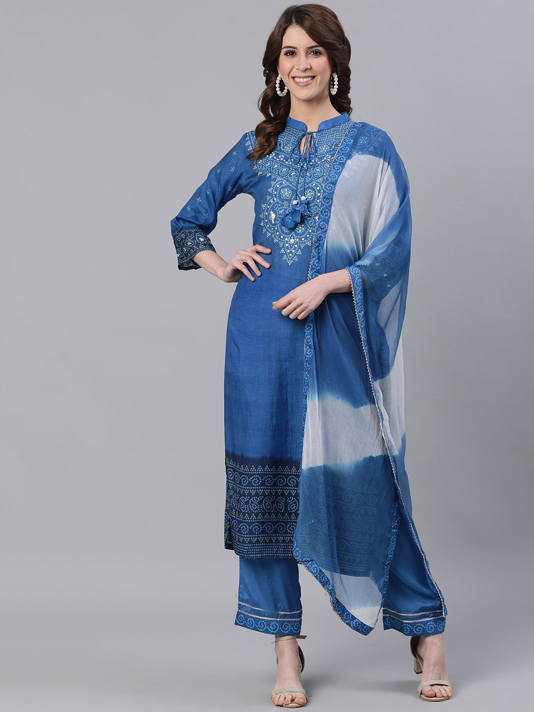 Women's  Blue Printed Kurta With Trousers & Dupatta - Ishin