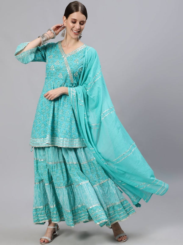 Women's Sea Green Kurta With Sharara & Dupatta suit set by Ishin- (3pcs set)