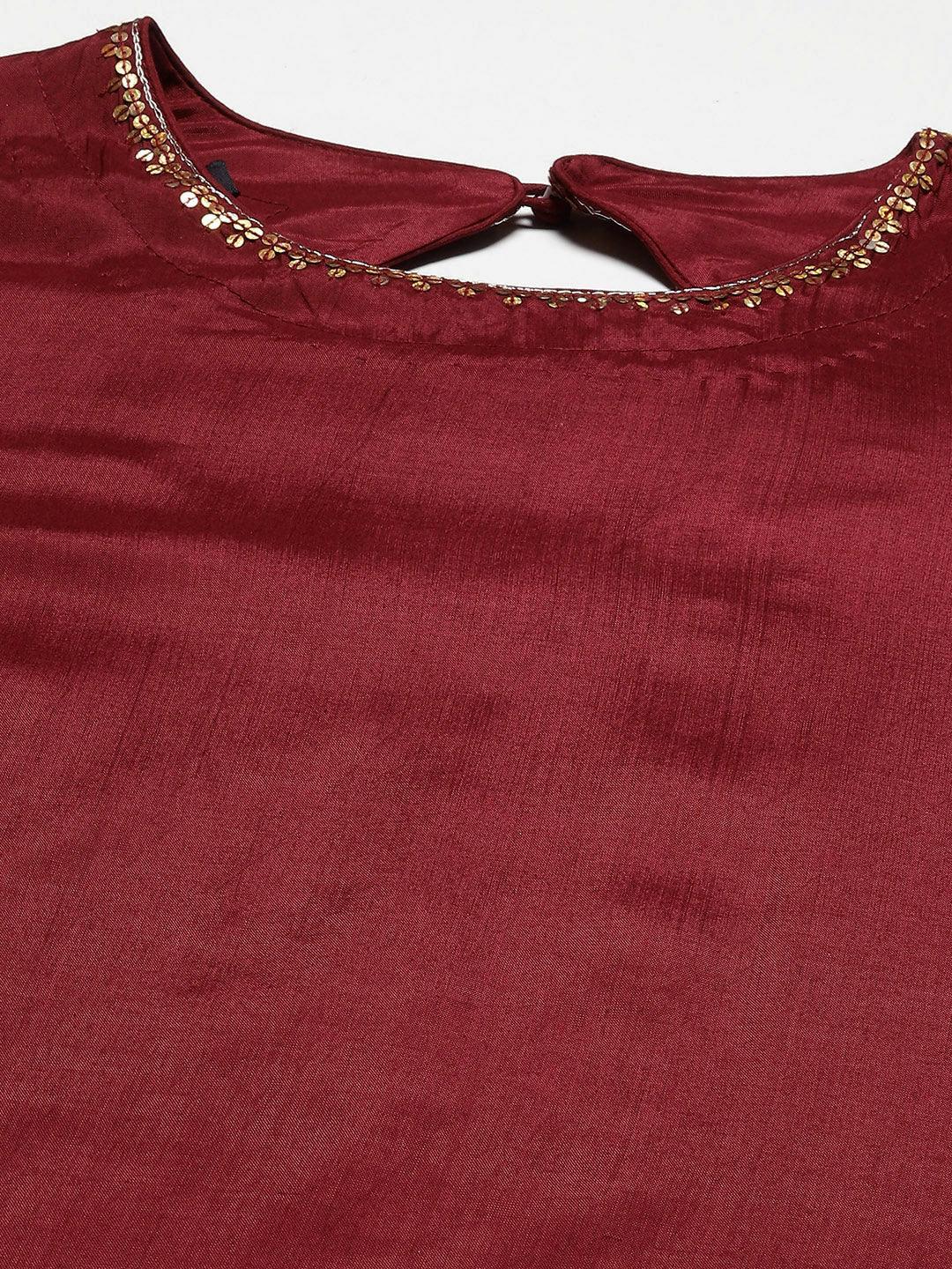 Women's Maroon Embroidered Short Kurta With Sharara & Dupatta - Ishin - Indiakreations