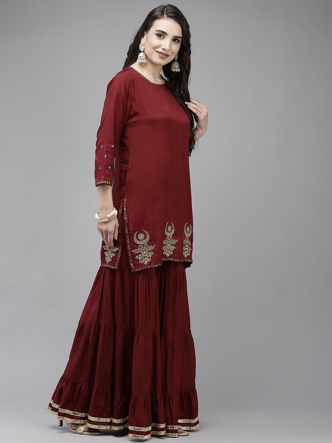 Women's Maroon Embroidered Short Kurta With Sharara & Dupatta - Ishin - Indiakreations