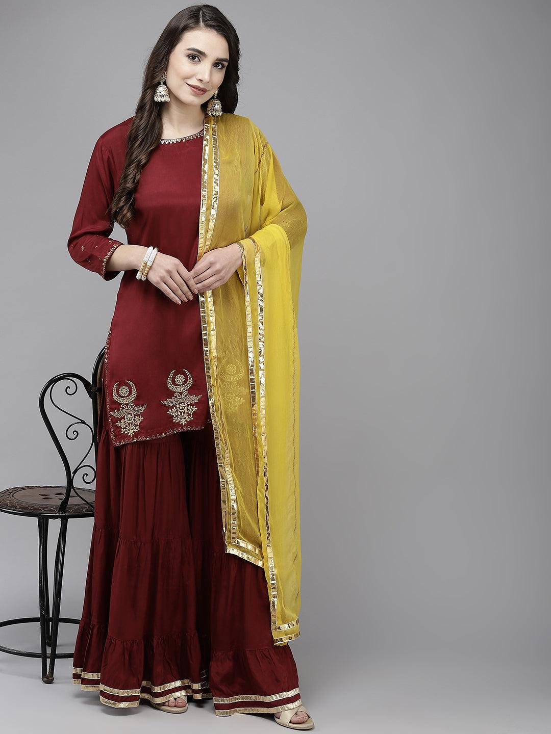 Women's Maroon Embroidered Short Kurta With Sharara & Dupatta - Ishin - Indiakreations