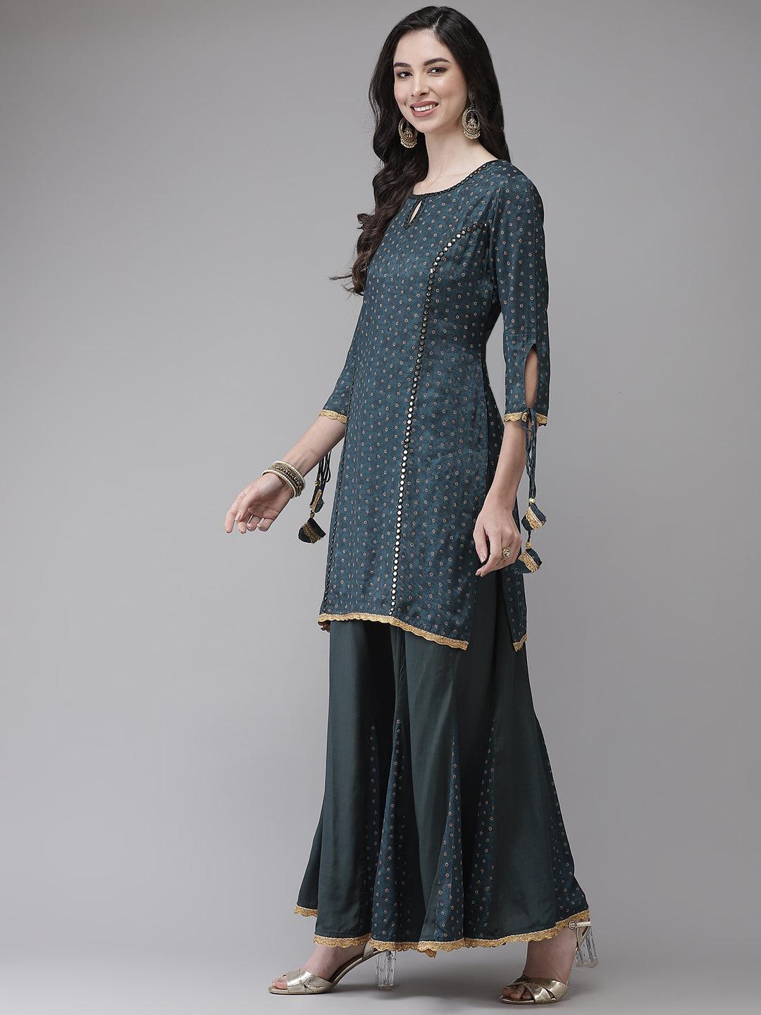 Women's Silk Blend Teal Embroidered A-Line Kurta Skirt Dupatta Set - Ishin - Indiakreations