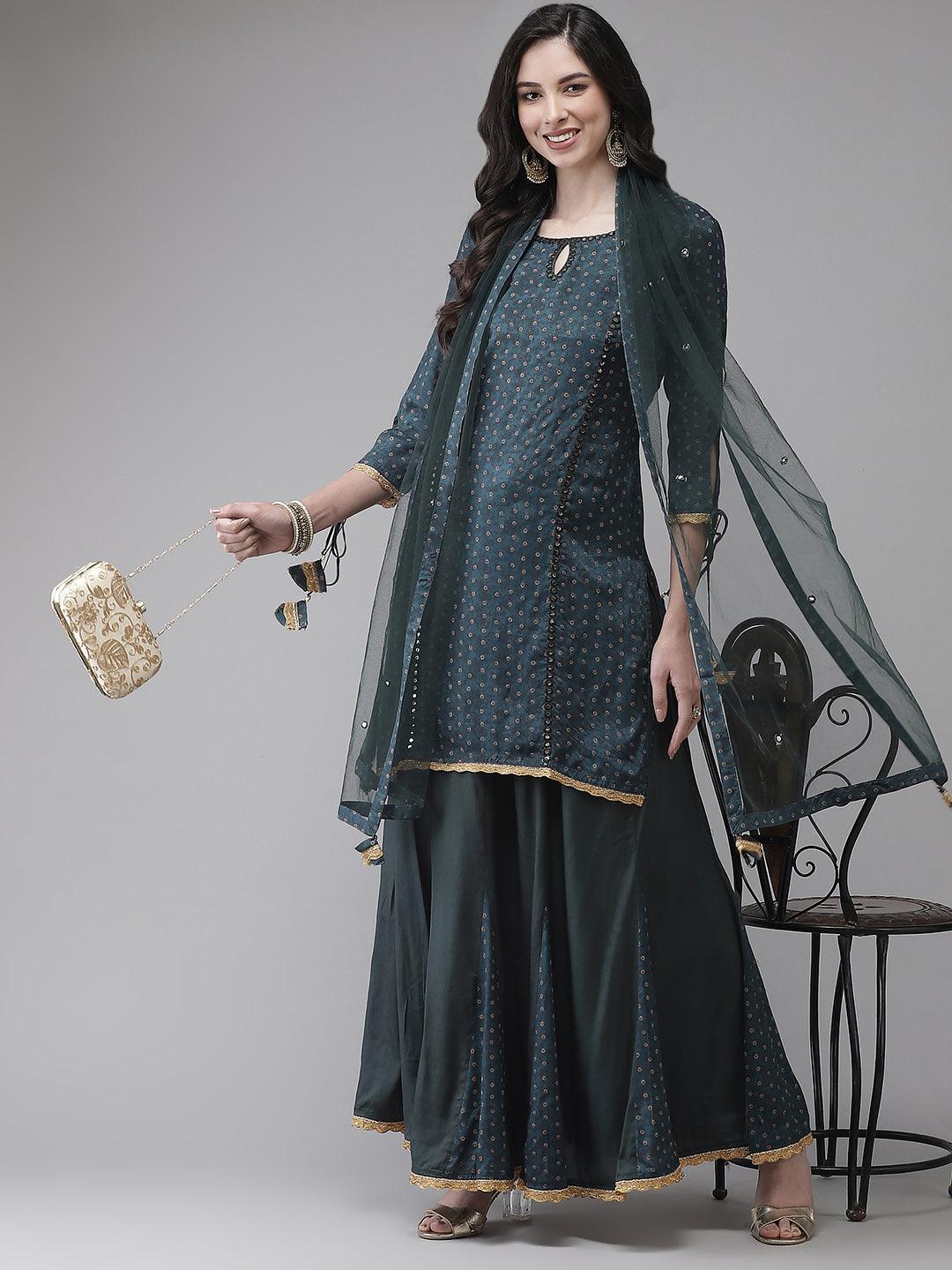 Women's Silk Blend Teal Embroidered A-Line Kurta Skirt Dupatta Set - Ishin - Indiakreations