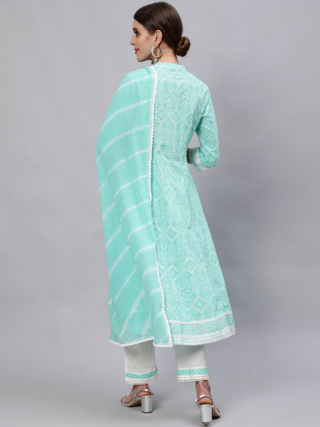 Women's Cotton Sea Green & White Embroidered Anarkali Kurta Trouser Dupatta Set - Ishin - Indiakreations