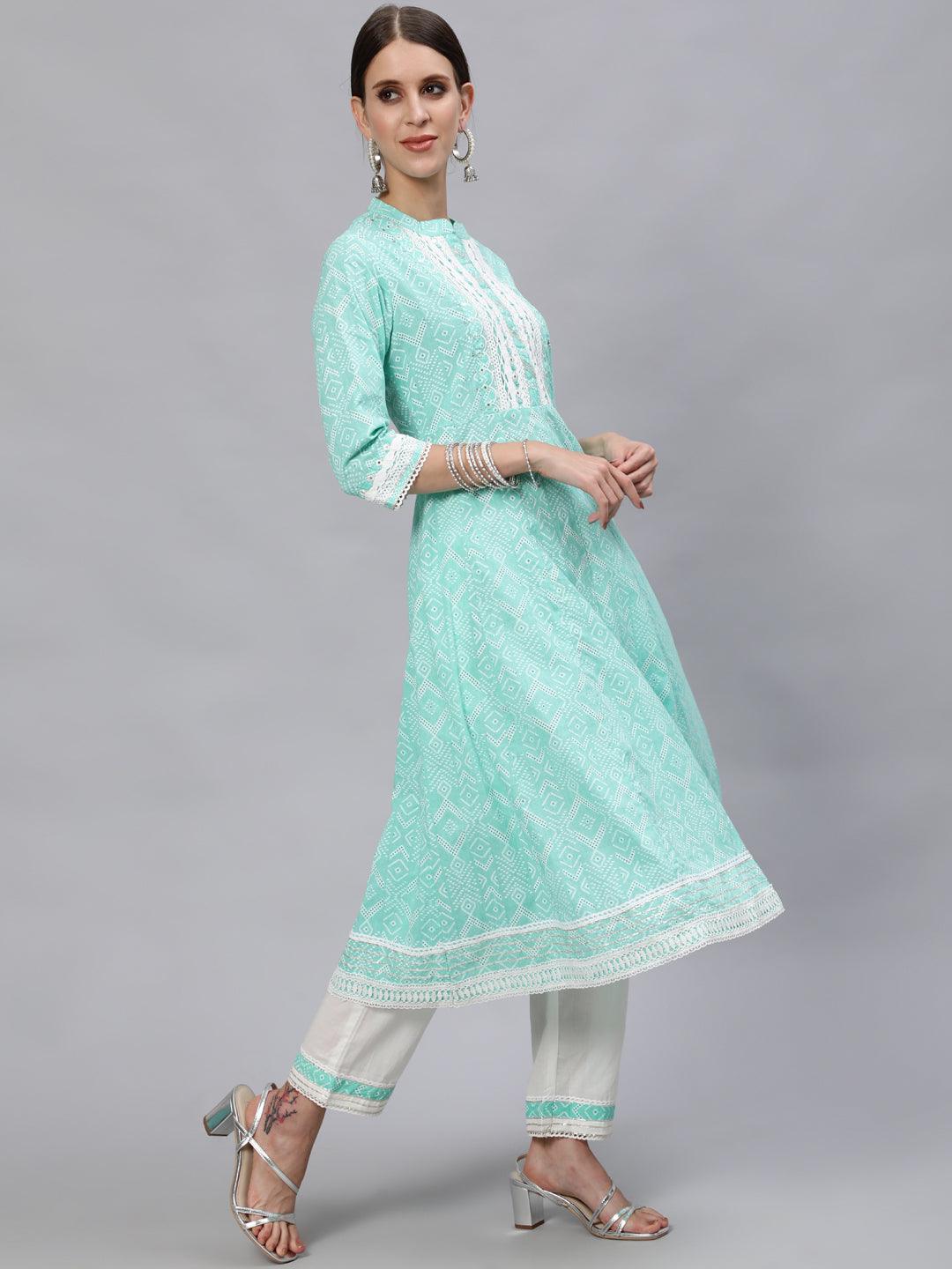 Women's Cotton Sea Green & White Embroidered Anarkali Kurta Trouser Dupatta Set - Ishin - Indiakreations