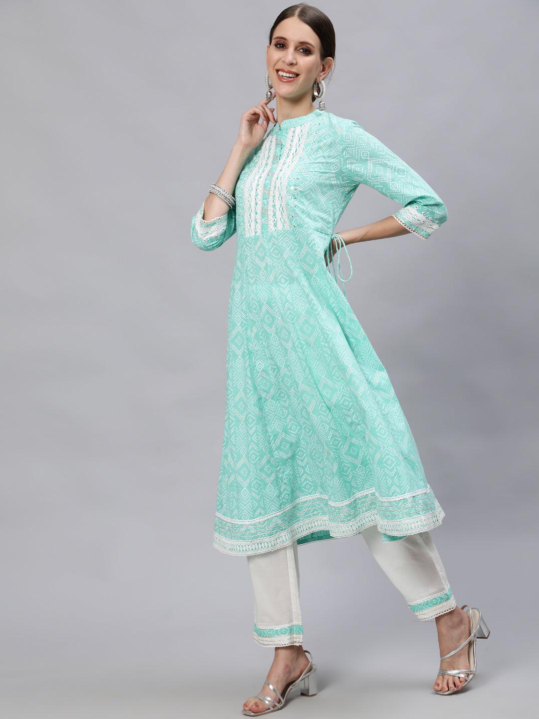 Women's Cotton Sea Green & White Embroidered Anarkali Kurta Trouser Dupatta Set - Ishin - Indiakreations