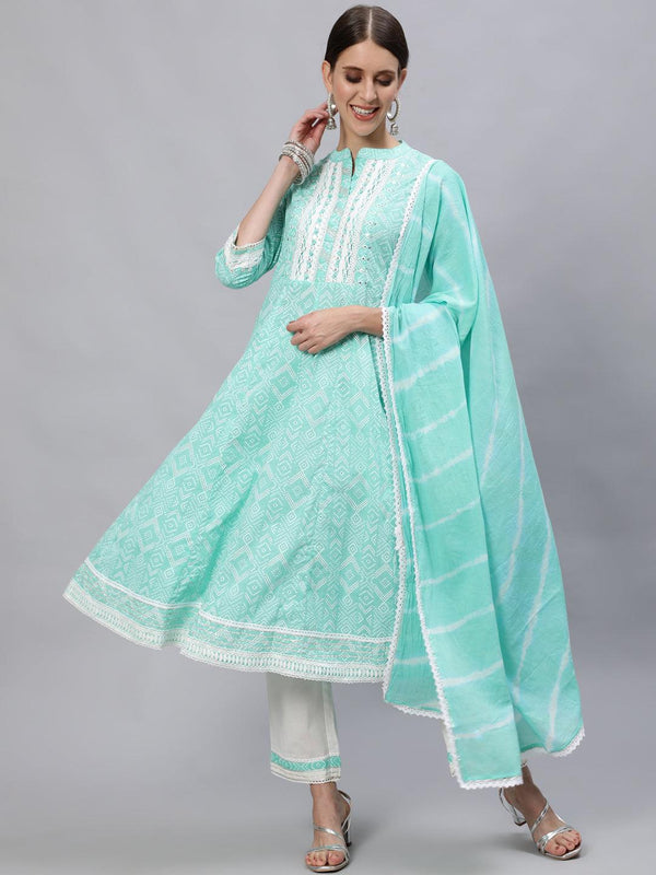 Women's Cotton Sea Green & White Embroidered Anarkali Kurta Trouser Dupatta Set - Ishin - Indiakreations