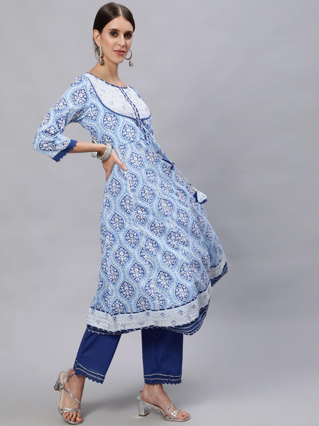 Women's Blue Anarkali Kurta with Trouser & Dupatta Set by Ishin- (3pcs set) - Indiakreations