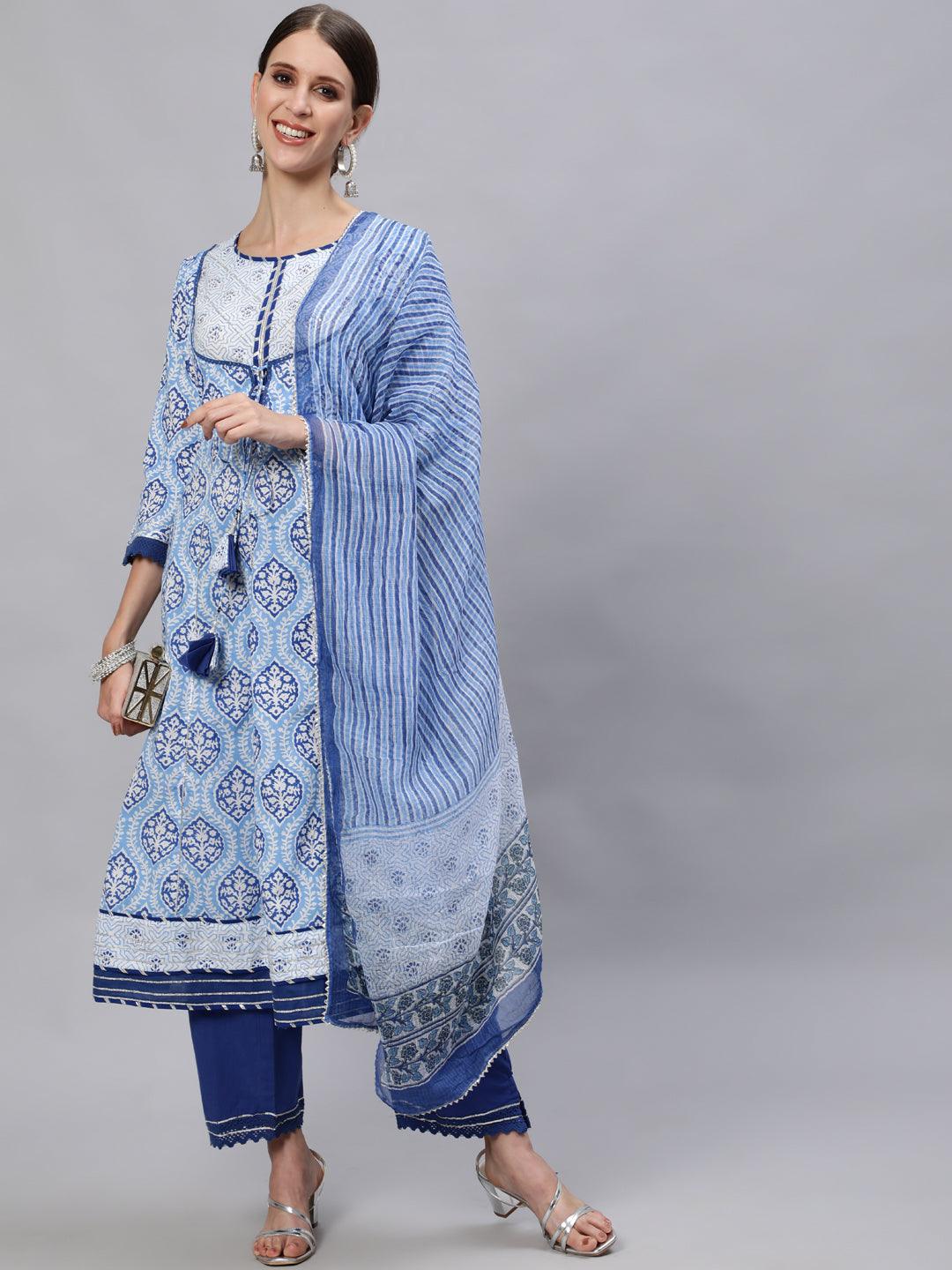 Women's Blue Anarkali Kurta with Trouser & Dupatta Set by Ishin- (3pcs set) - Indiakreations