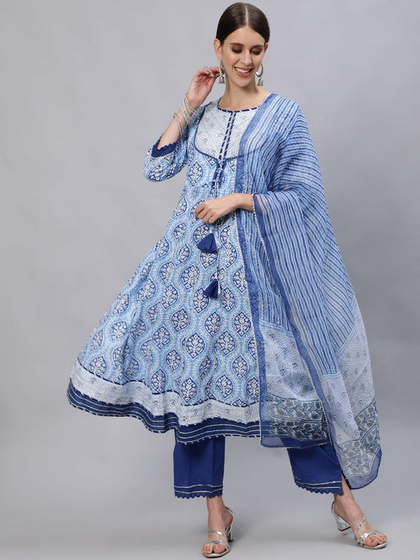 Women's Blue Anarkali Kurta with Trouser & Dupatta Set by Ishin- (3pcs set) - Indiakreations