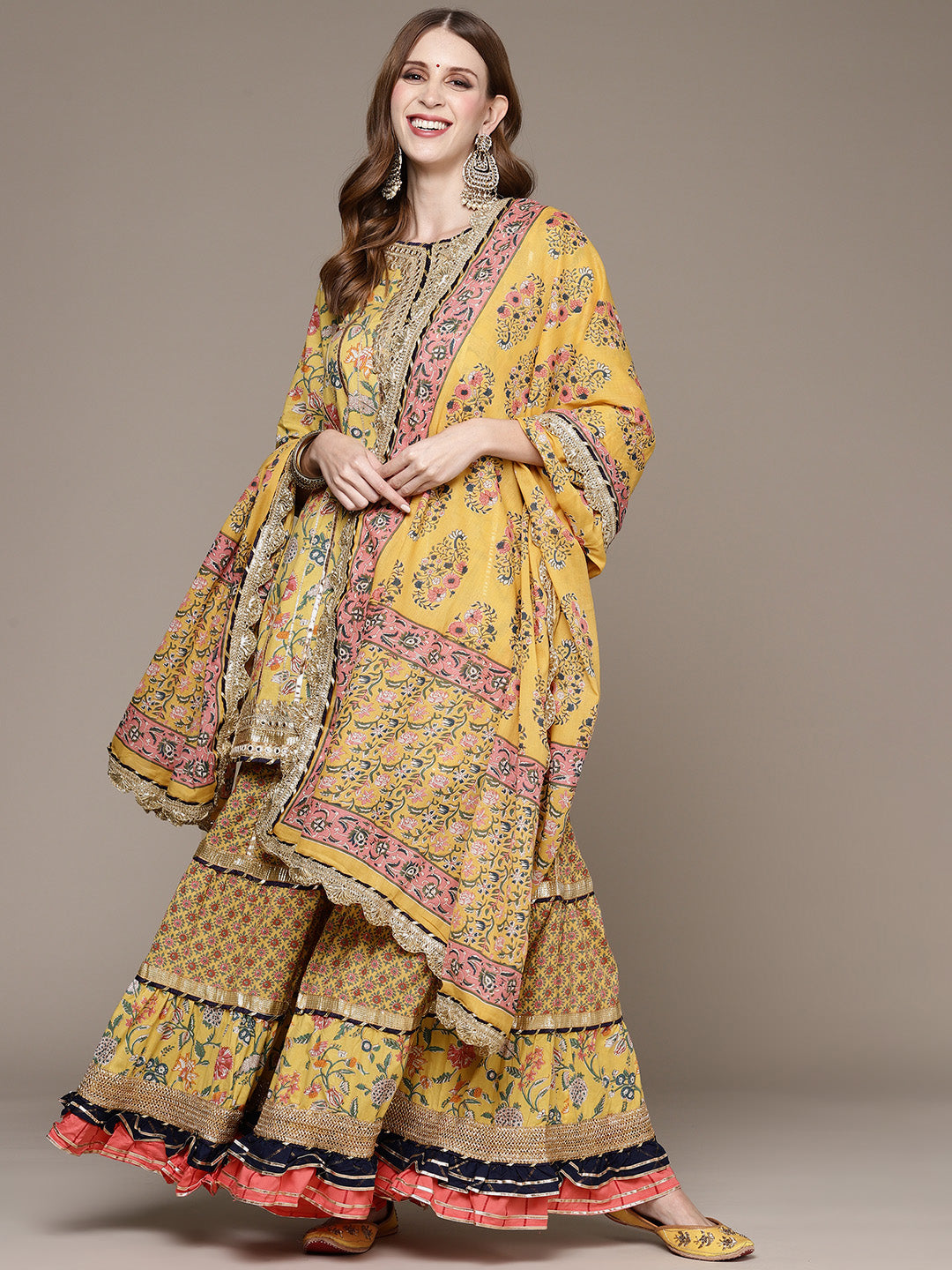 Women's Cotton Blend Yellow Embroidered A-Line Kurta Sharara Dupatta Set - Ishin